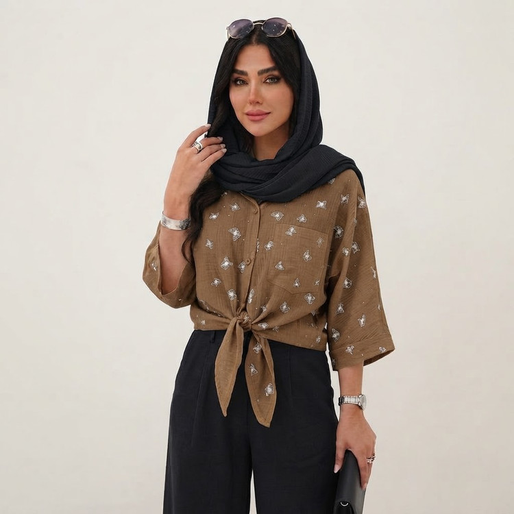 شومیز زنانه گره ای مدل چاپ پروانه | چشم نواز و جدید